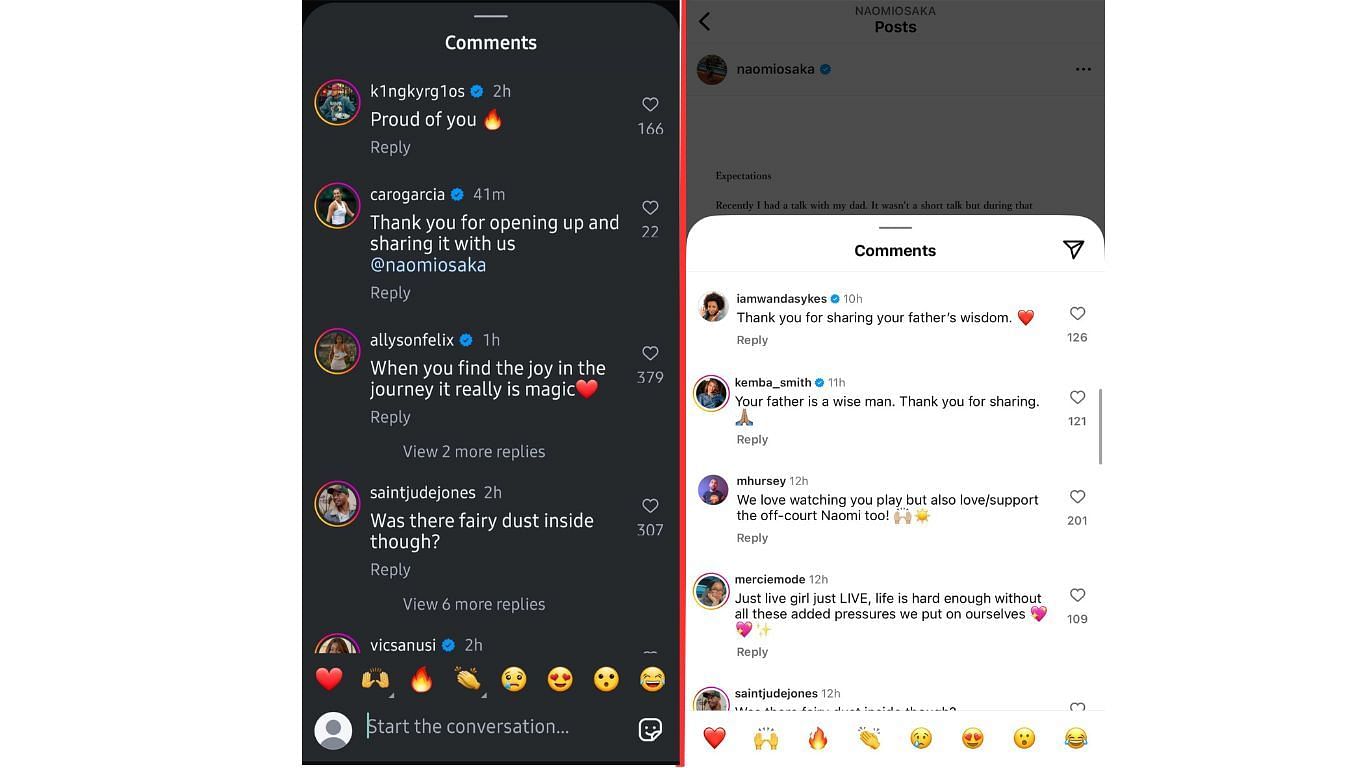 Screengrab of the comment section of Naomi Osaka's Threads @naomiosaka
